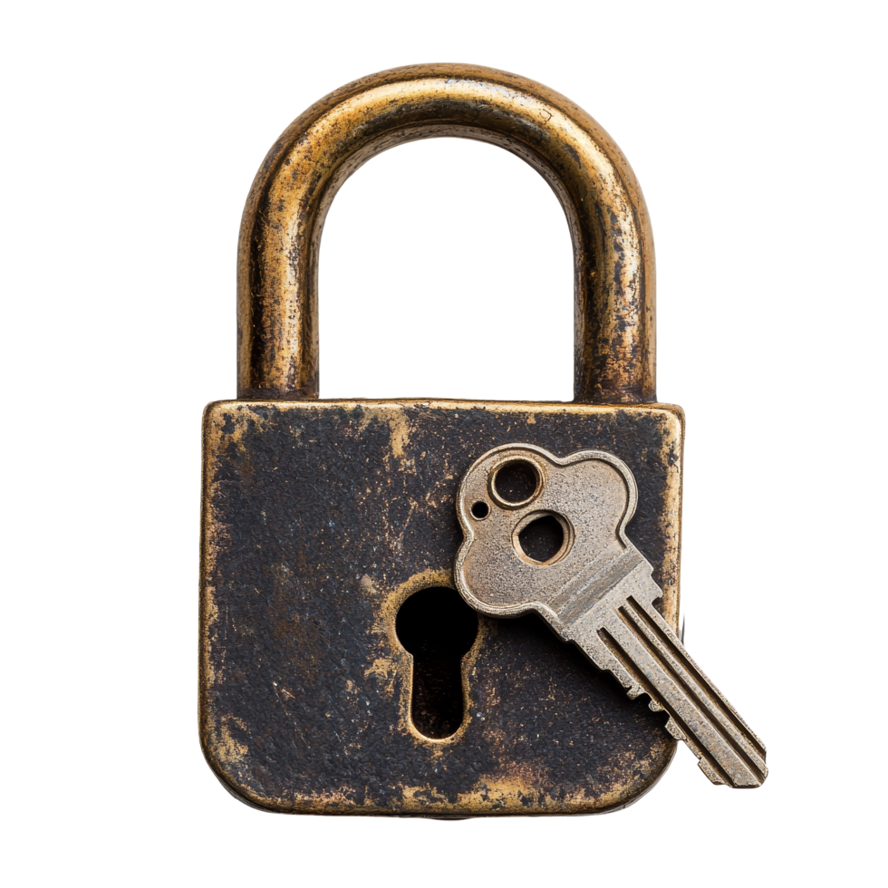 A closeup view of an old padlock with a key resting beside it on a clean transparent background, Padlock key lock on transparent backgroundfile png