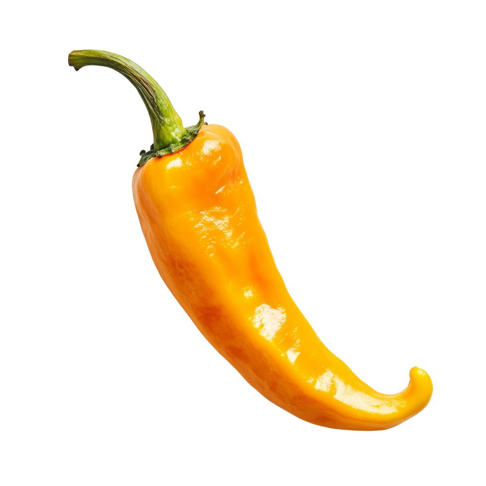 Half of a vibrant orange pepper resting against a clean transparent background showcasing its glossy texture and curved shape, half orange pepper on transparent background png