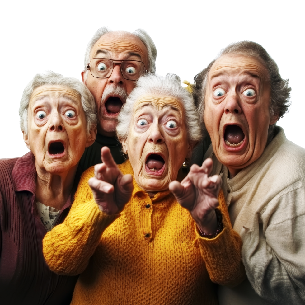 Group of surprised elderly individuals expressing fear and shock in a bright setting, group of scared surprised old people, file of isolated object on transparent background png