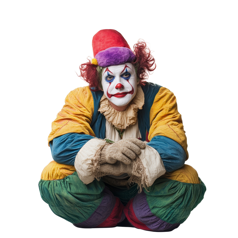A colorful clown crouches in a playful pose, bringing joy to a transparent background with vibrant attire and a friendly expression, clown isolated on transparent background png