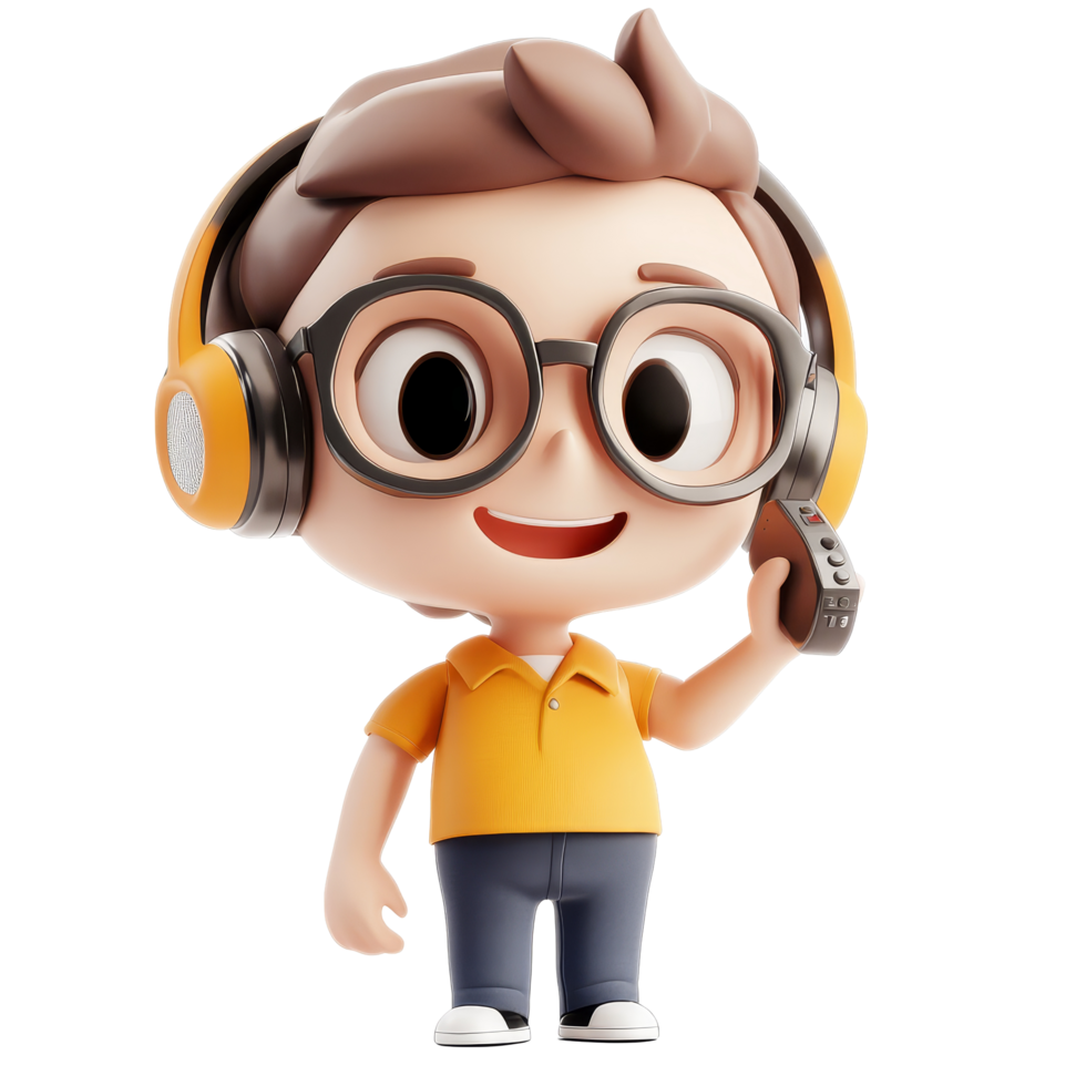 Cartoon character representing a call center agent using a headset during customer service tasks, 3D Character Handling Call in Call Centre On transparent background png