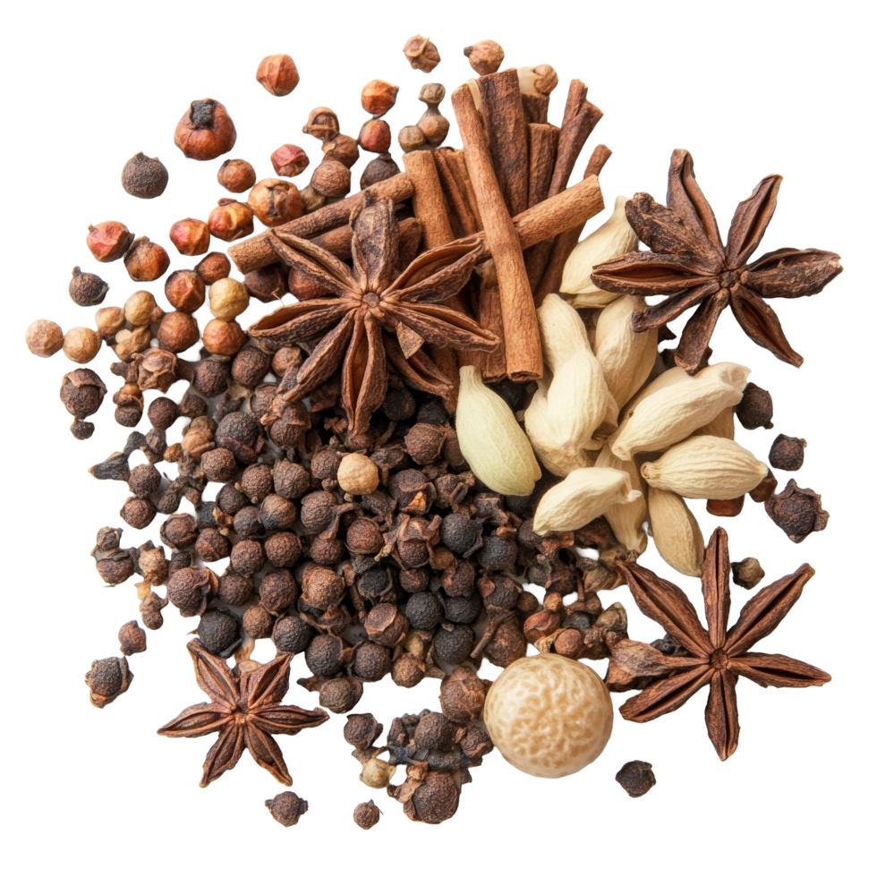 A vibrant arrangement of Chinese five spice blend on a transparent background featuring cinnamon, star anise, and other aromatic ingredients, chinese five spice transparent background png