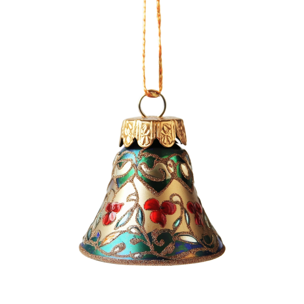 A beautifully designed Christmas bell hanging against a bright transparent background, showcasing intricate patterns and vibrant colors, christmas bell on transparent background png