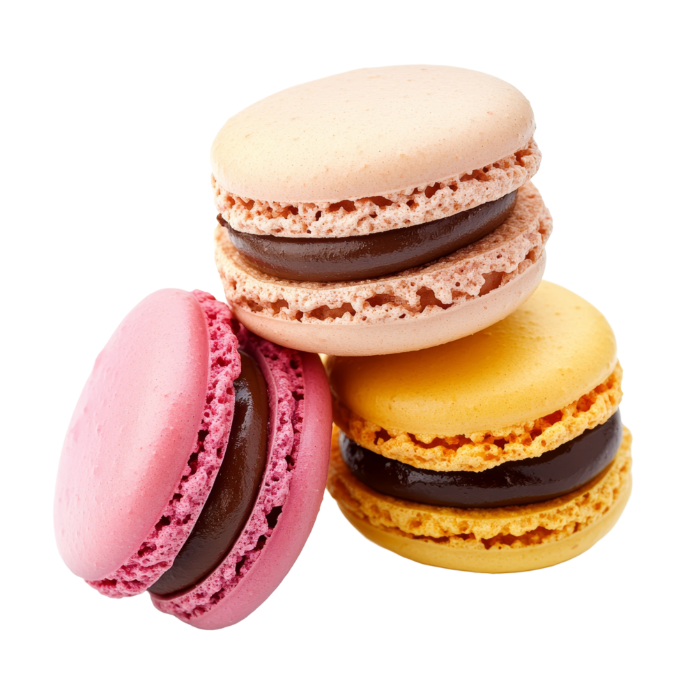 Elegant macaroons stacked on a transparent background, showcasing vibrant colors and sweet flavors, beautiful macaroons on transparent background png