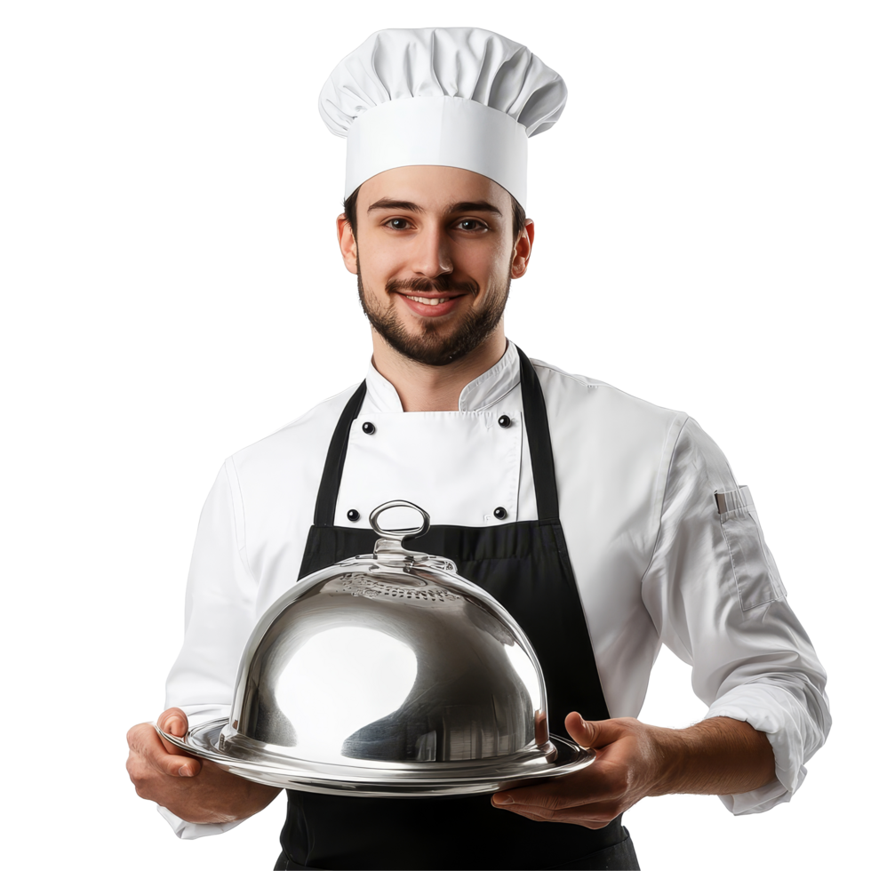 Waiter presenting a stainless steel cloche on a transparent background in a professional dining setting, Waiter with Stainless Steel Cloche Isolated on transparent background png