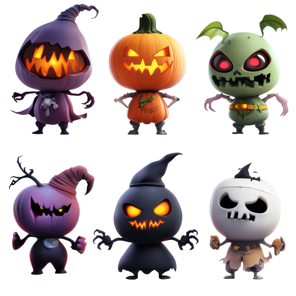 Colorful Halloween cartoon characters displaying spooky features on transparent background, 3D Halloween scary cartoon characters on transparent background png