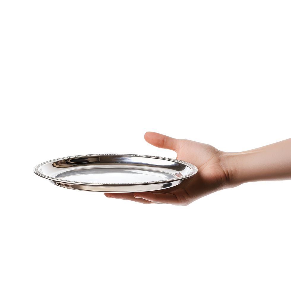 A butlers hand elegantly presents a silver tray against a pristine transparent background, showcasing meticulous service, butlers hand with silver tray isolated on transparent background png