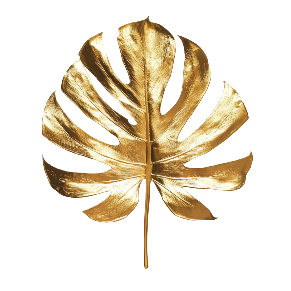 Captivating golden monstera leaf on a bright transparent background showcasing stunning natural beauty and elegance, Golden monstera leaf on a transparent background png