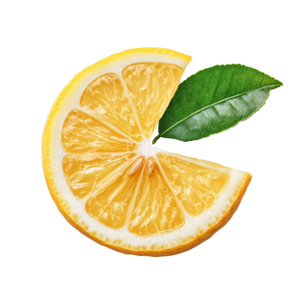 Fresh lemon slice with vibrant green leaf showcased on a clean transparent background for culinary inspiration, Slice of lemon fruit with leaf isolated on transparent background png