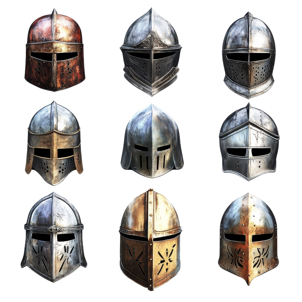 Medieval knight helmets displayed against a transparent background showcasing historical armor craftsmanship, Medieval Knight Helmets on transparent background png