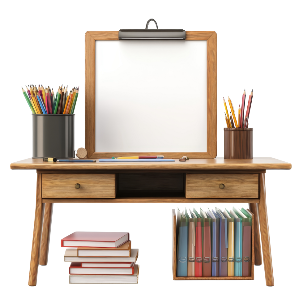 Study desk and board set isolated against a transparent background for a cozy learning environment, Study Desk and Board Set Isolated on transparent background png