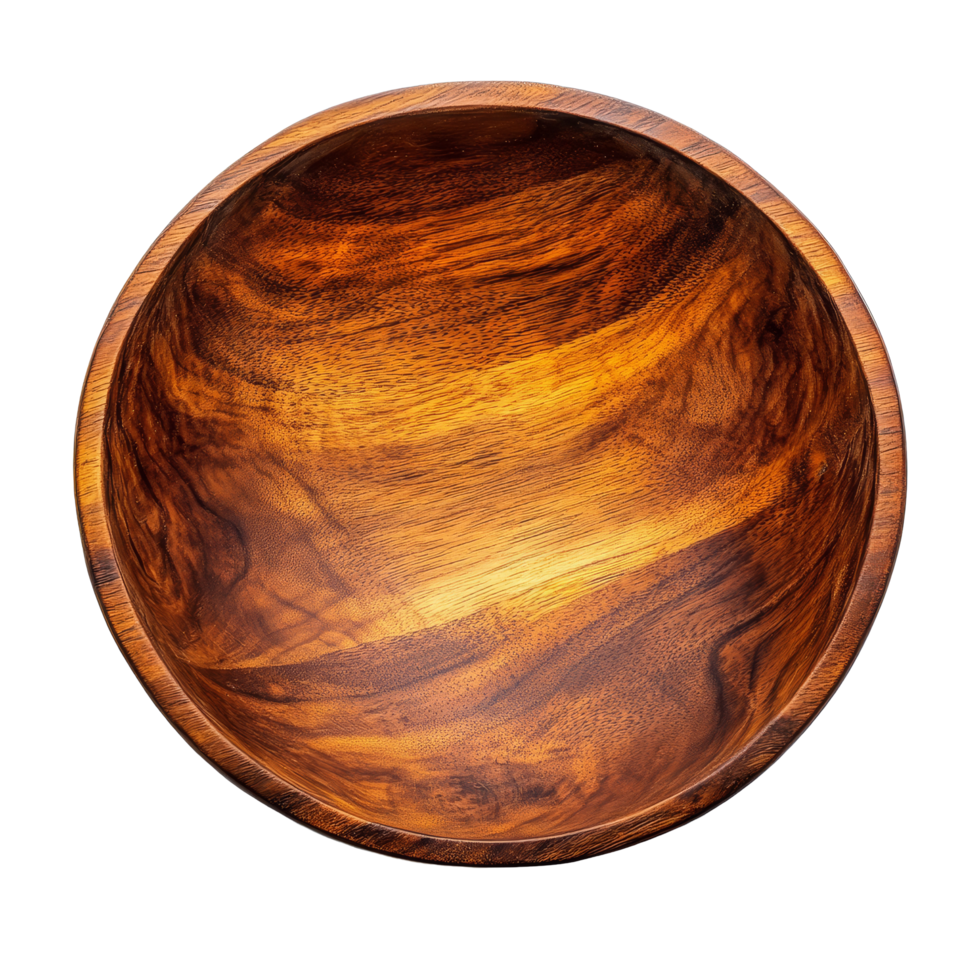 A detailed view of a wooden bowl capturing natural grain patterns against a clean transparent background, top view wood bowl on transparent background png
