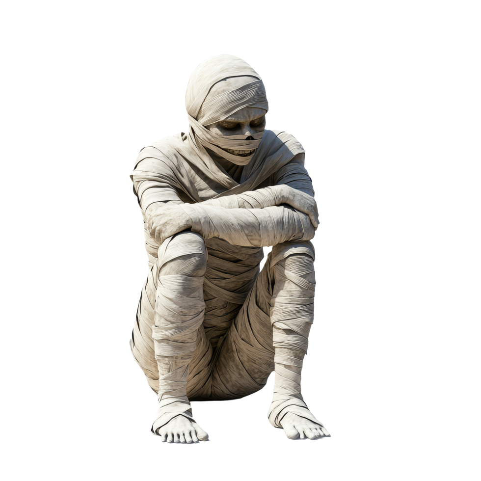 A solitary mummy wrapped in bandages sits crouched on the ground in a chilling display of ancient mystique, scary mummy wrapped in bandages, file of isolated object with shadow on transparent png