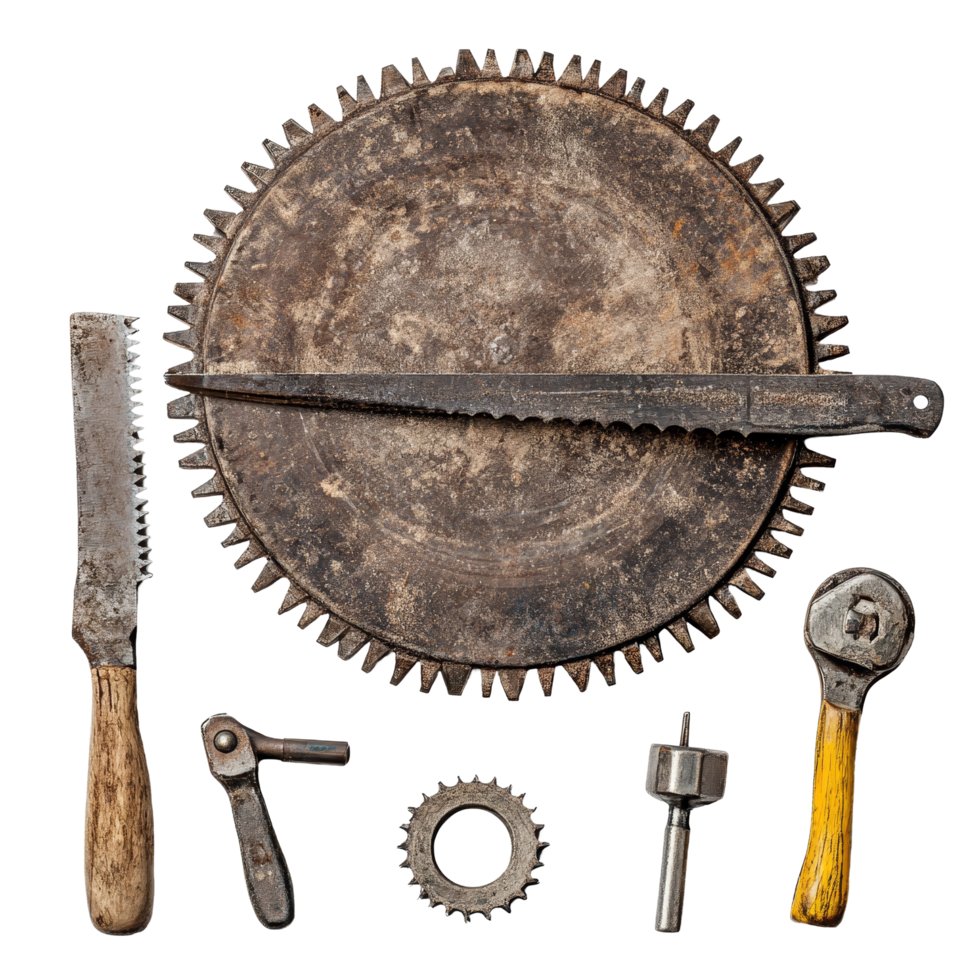 Collection of hand tools including a saw and a saw blade for woodworking tasks on a transparent background, Saw blade with work tools isolated png