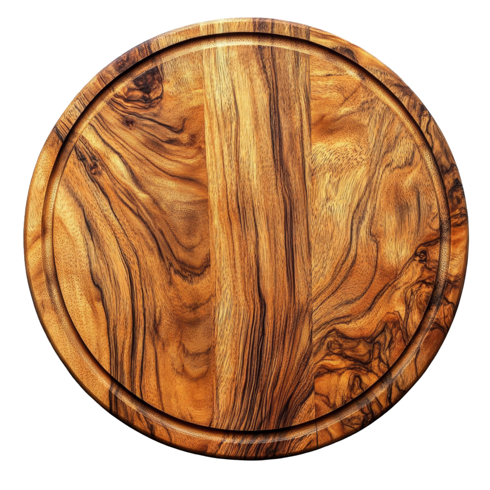 Round wooden cutting board placed on a transparent surface, ideal for food preparation or serving snacks, round wooden cutting board on transparent png