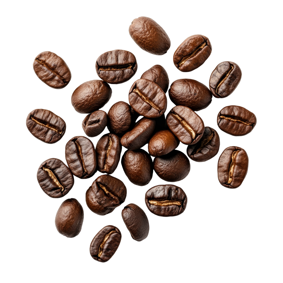 Roasted coffee beans lie scattered on a clean transparent background, showcasing their rich color and texture, roasted coffee beans isolated transparent background png