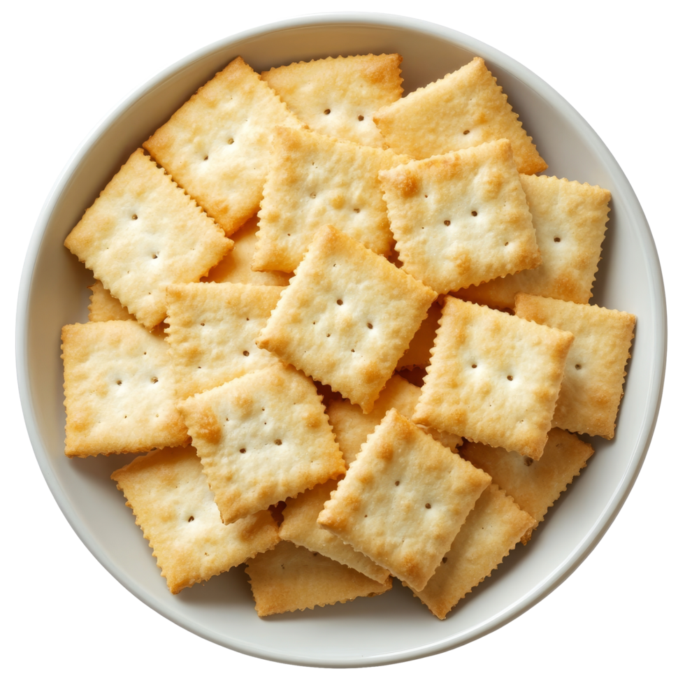 appena al forno cracker disposte ordinatamente nel un' trasparente piatto contro un' semplice trasparente sfondo evidenziazione loro croccante struttura, cracker nel piatto su trasparente sfondo png