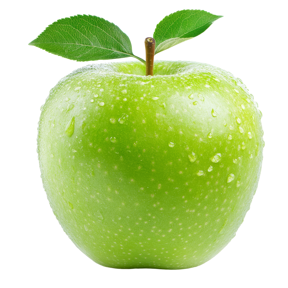 Fresh green apple with dew drops and leaf isolated on transparent background, highlighting its vibrant color and texture, fresh green apple isolated on transparent background png