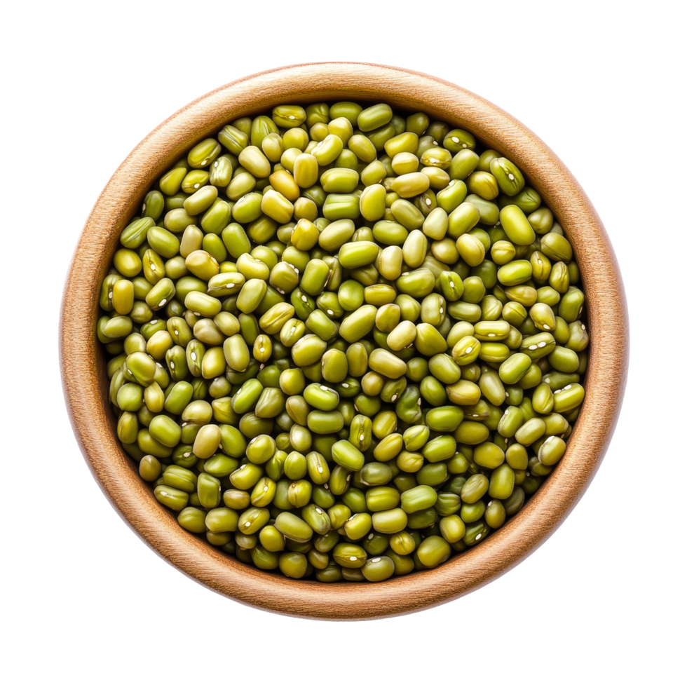 Peeled split mung beans in a wooden bowl on a clean transparent background showing their vibrant green color and texture, peeled split mung beans in a bowl isolated on transparent background png