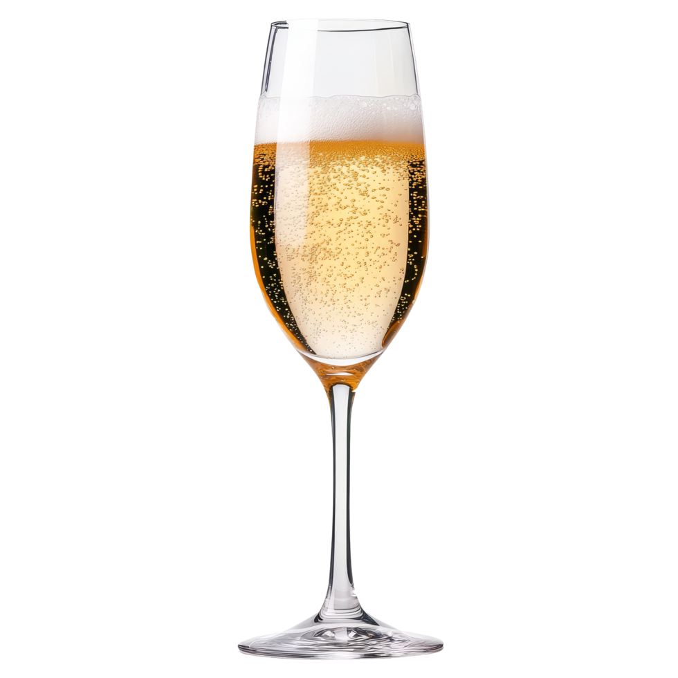 A sparkling glass of champaka beverage against a clean transparent background showcasing reflections in bright lighting, Champaka on transparent background png