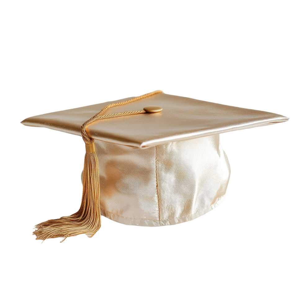 Elegant golden graduation cap resting on a soft transparent background, symbolizing academic achievement and celebration, Golden Graduation Cap on transparent background png