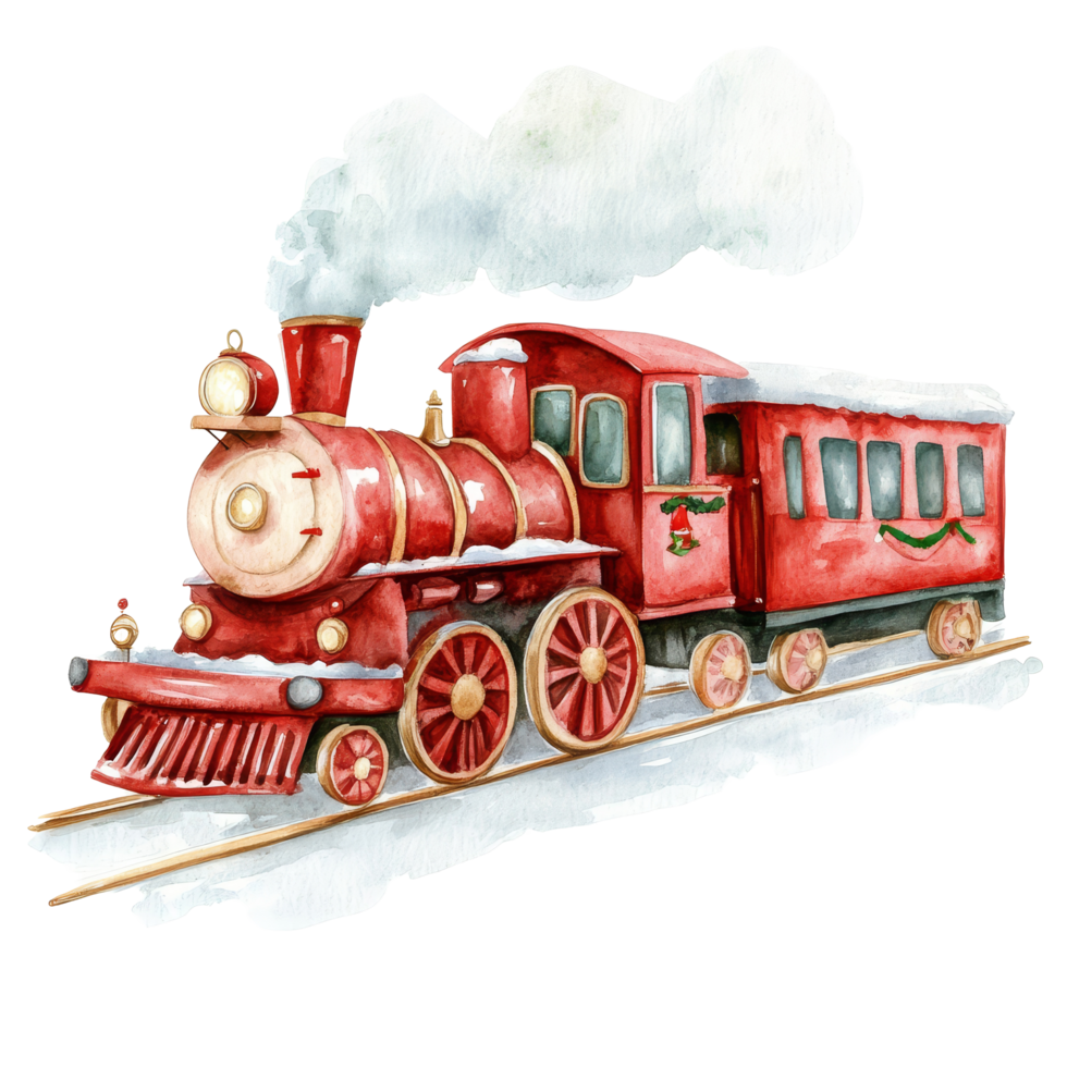 Watercolor illustration of a festive Santas train on a snowy landscape against a transparent backdrop, Watercolor santas train isolated on transparent background png