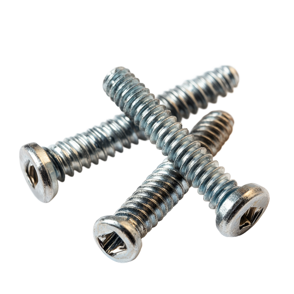Three metal screws arranged in a crisscross pattern on a transparent background, three screws isolated on a transparent background png