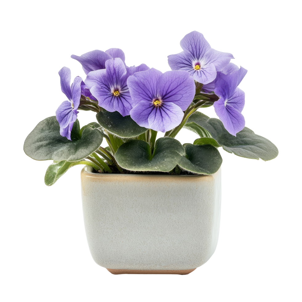 Vibrant African Violet in a simple ceramic pot enhancing indoor decor, African Violet plant displayed in square ceramic pot isolated on solid transparent background png