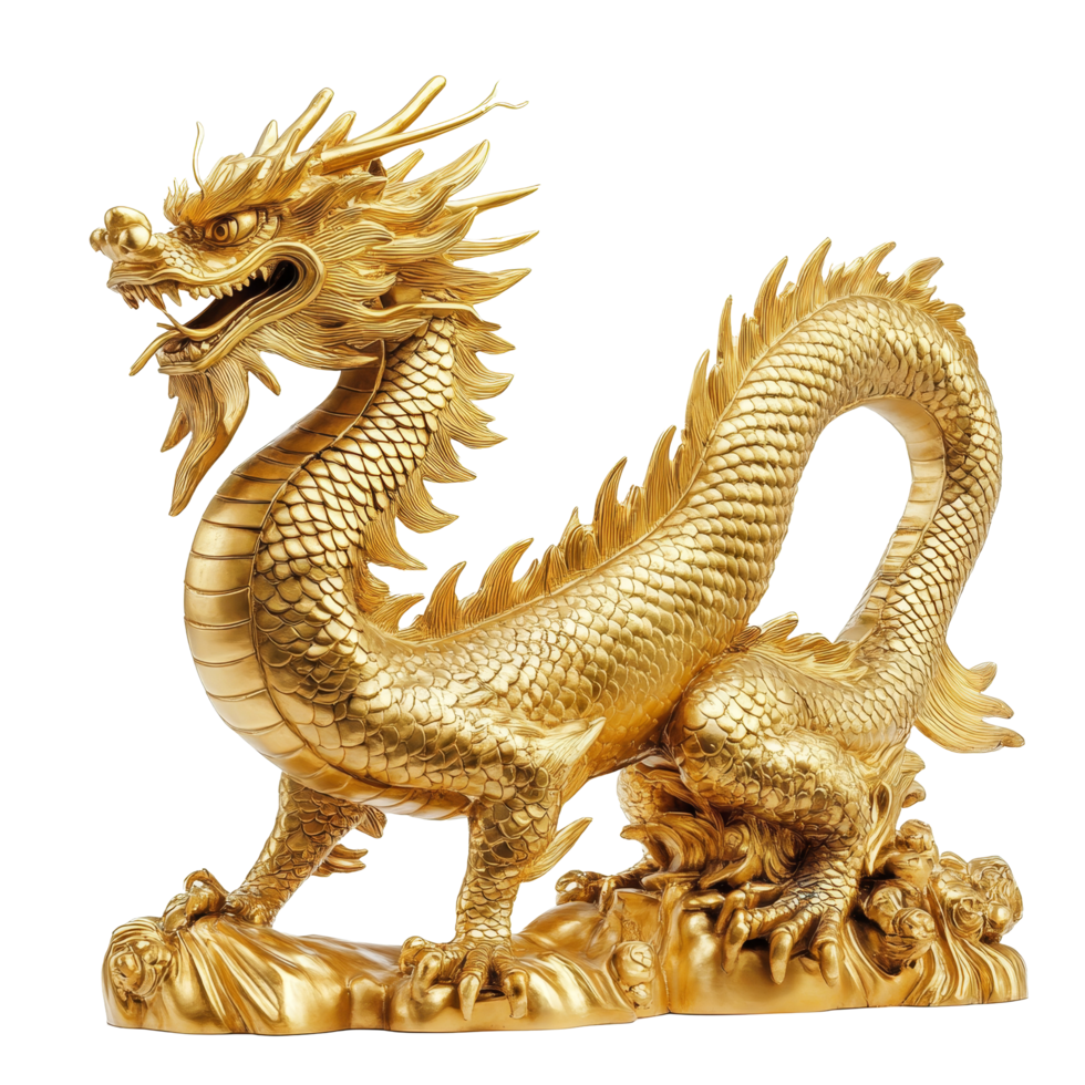 Golden Chinese dragon statue beautifully crafted and isolated on a transparent background for decorative purposes, golden chinese dragon statue isolated on transparent background png