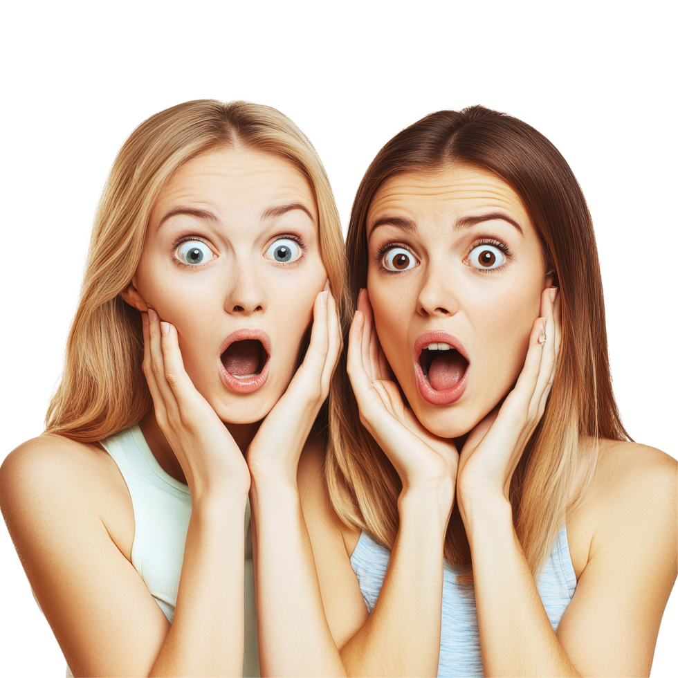 Two amazed young women expressing surprise with hands on faces in a bright indoor setting, two amazed young women friends, file of isolated object on transparent background png