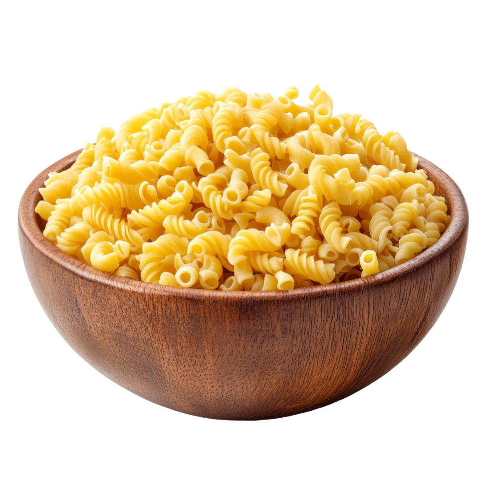 A rustic wooden bowl filled with raw macaroni gomiti pasta, perfect for a cozy cooking experience, Pile of raw Macaroni Gomiti Pasta in wood bowl isolated on transparent background png