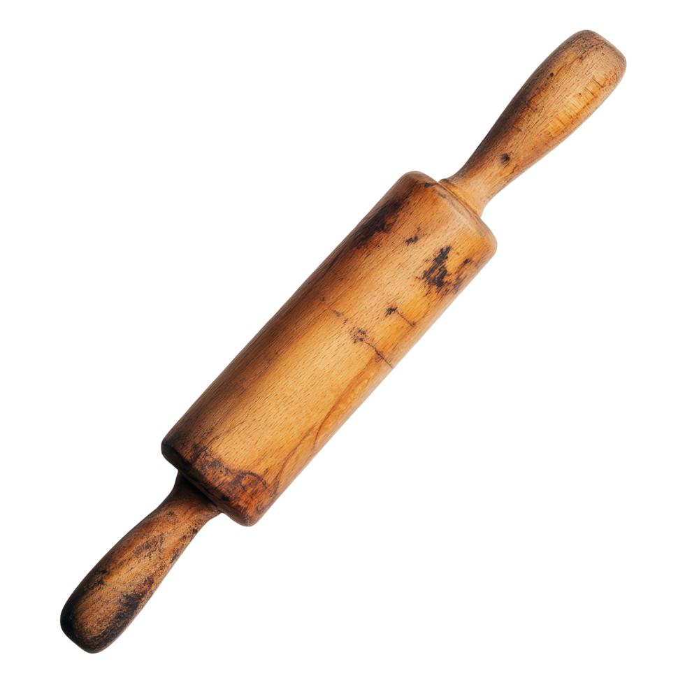 Wooden rolling pin rests on a clean surface, ready for baking and culinary creations in a kitchen setting, Wooden rolling pin isolated png