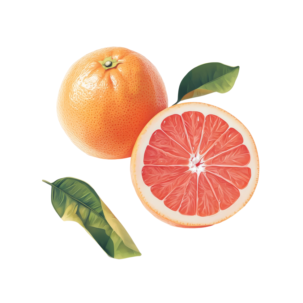 Fresh grapefruit with green leaf on transparent background, showcasing its vibrant color and juicy interior, grapefruit with leaf isolated on transparent background png