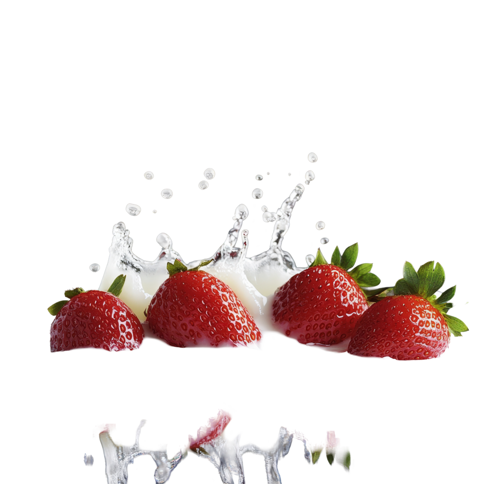 Fresh strawberries in a dynamic milk splash isolated against a dark background, Milk splash with strawberries isolated png