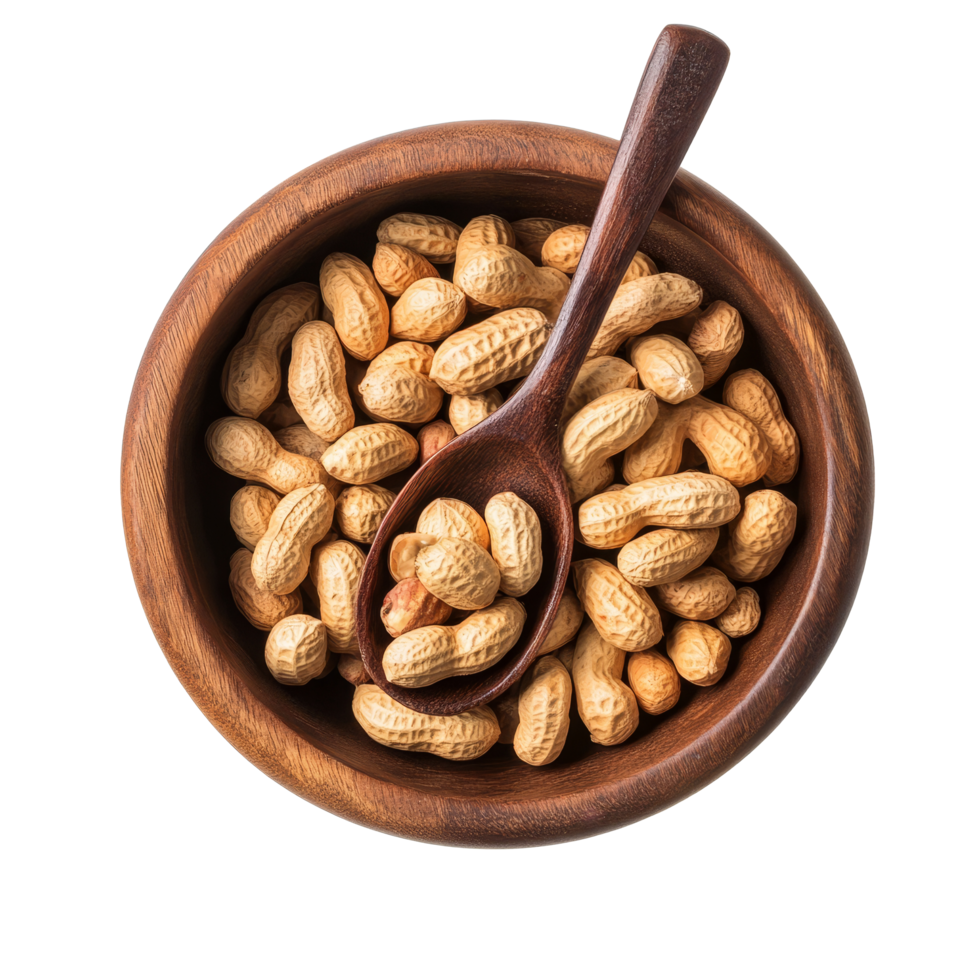 Peanuts in a wooden bowl with a spoon against a transparent background, perfect for healthy snacking or culinary decoration, peanuts in wood bowl and spoon isolated on transparent background png