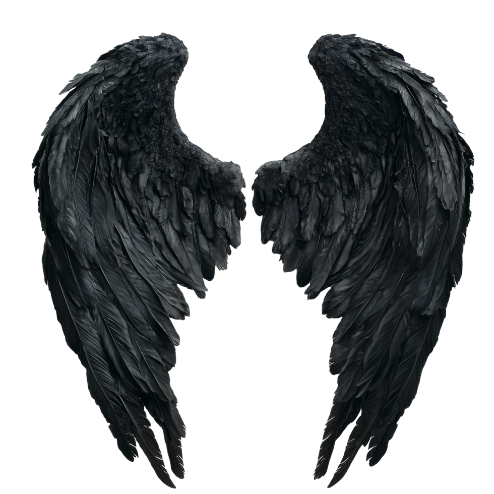 Black angel wings displayed on a transparent background showcasing intricate feather details and textures, Black Angel wings on transparent background png