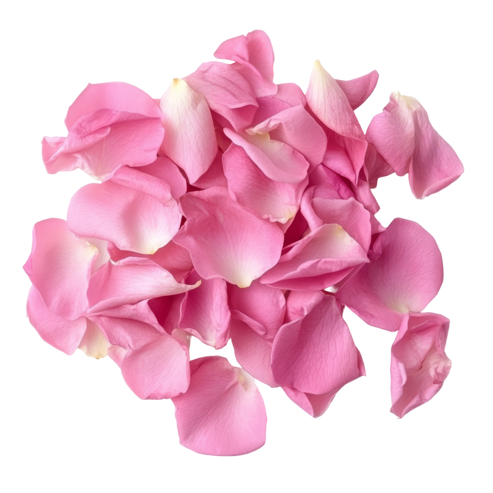 Delicate pink rose petals scattered gracefully on a clean transparent background creating a soft, romantic atmosphere, Pink Rose Petals on transparent background png