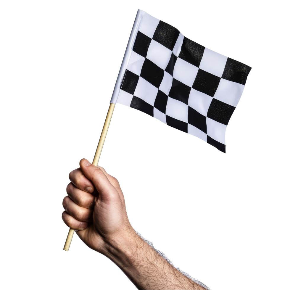 Hand holding a checkered flag against a plain transparent background, symbolizing victory in racing and competition, hand holding a checkered flag isolated on transparent background png