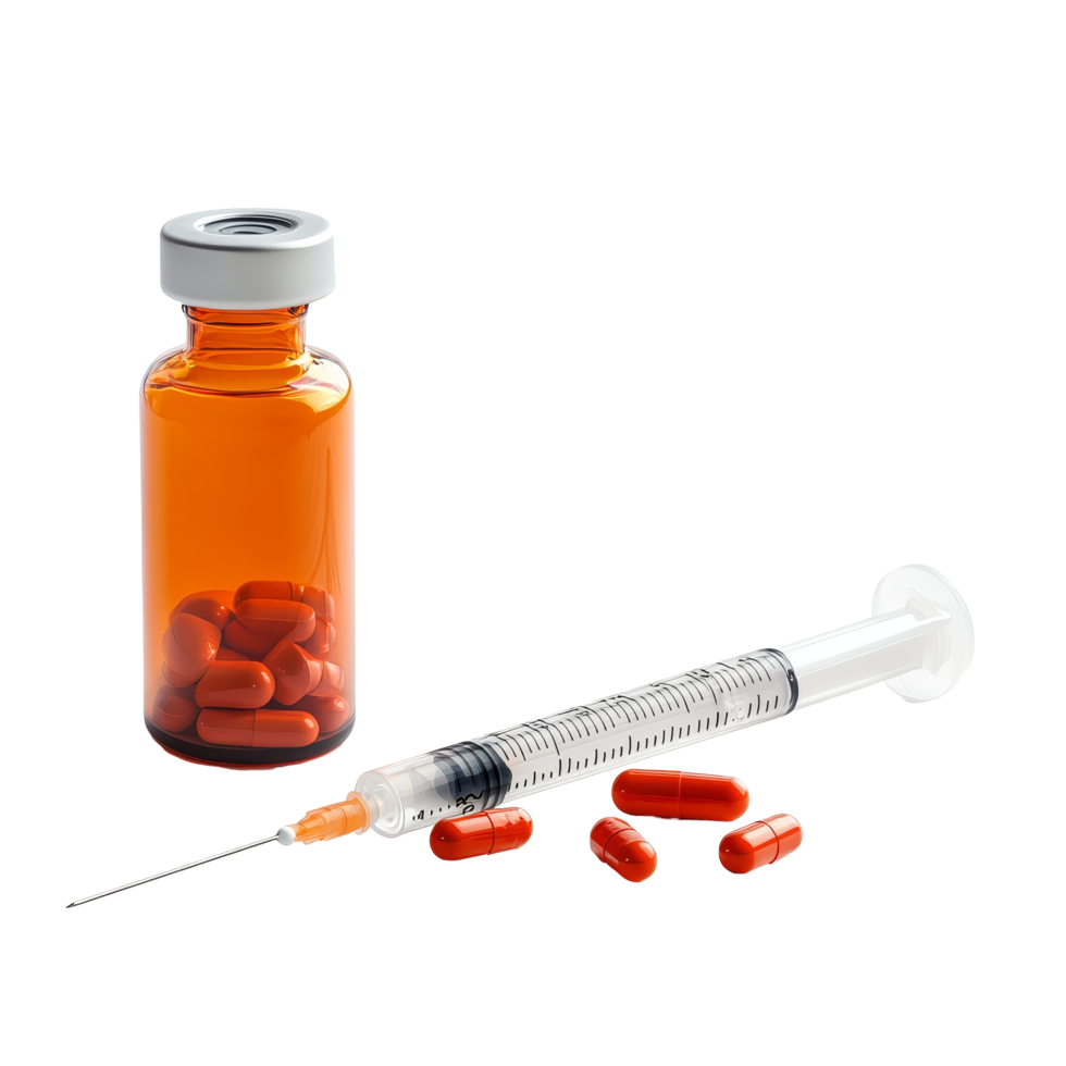 Medical syringe and pill bottle with red capsules isolated on a transparent background for health and wellness concepts, pill and bottle and plastic syringe isolated on transparent background png