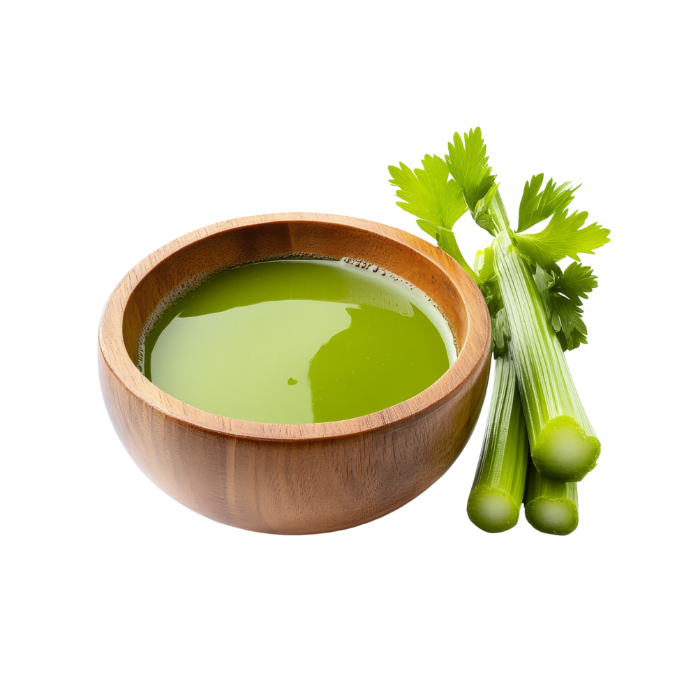 Freshly extracted celery juice in a wooden bowl accompanied by fresh celery stalks on a clean transparent background, Celery juice in wood bowl isolated on transparent background png