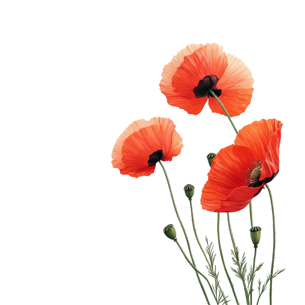 Bright red poppy flowers with delicate petals isolated on a transparent background showcasing natural beauty, poppy flowers isolated on transparent background png