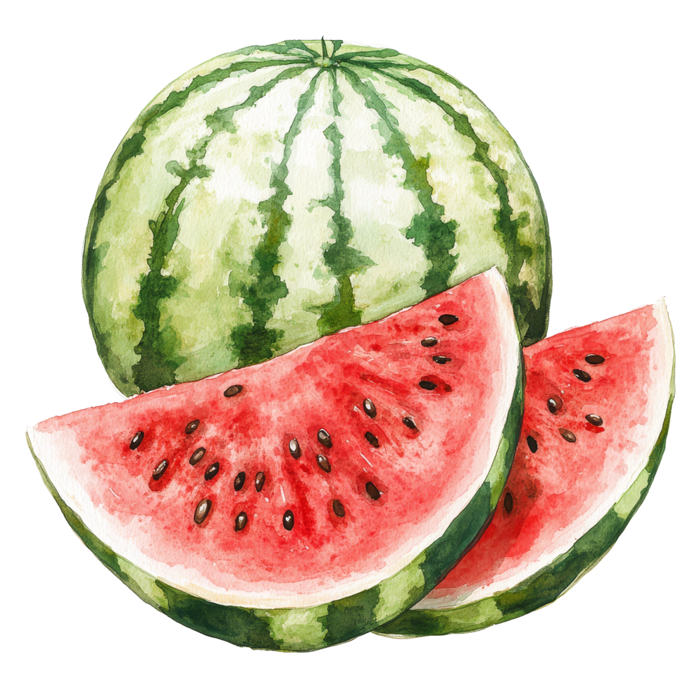 Watercolor depiction of a ripe watermelon with slices on a plain transparent background for vibrant contrast, watermelon fruit on a transparent background png