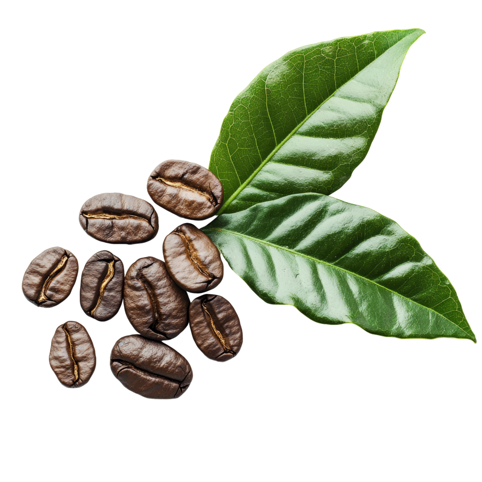 Dark roasted coffee beans with fresh leaves arranged on a bright transparent background for an elegant coffeethemed display, dark roasted coffee and ripe coffee with leaf on transparent background png