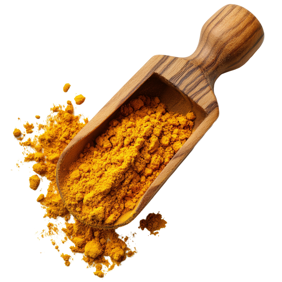 Turmeric powder in a wooden scoop isolated against a transparent background for culinary and health uses, turmeric powder in wood scoop isolated on transparent background png