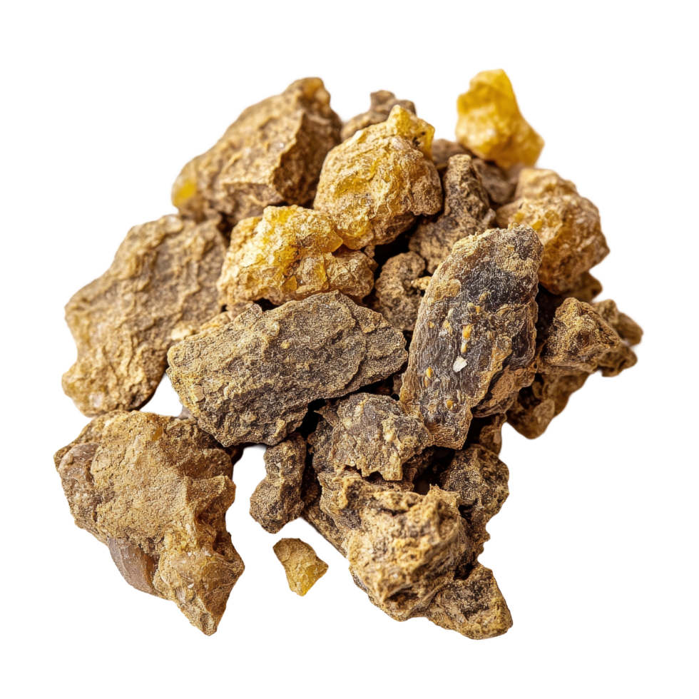 Asafoetida resin pieces on a transparent background showcasing earthy texture and color, asafoetida transparent background png