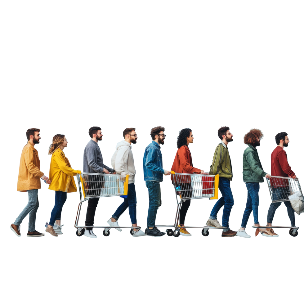 A diverse group of people pushing shopping carts together in a vibrant, modern setting, diverse people pushing a shopping cart png