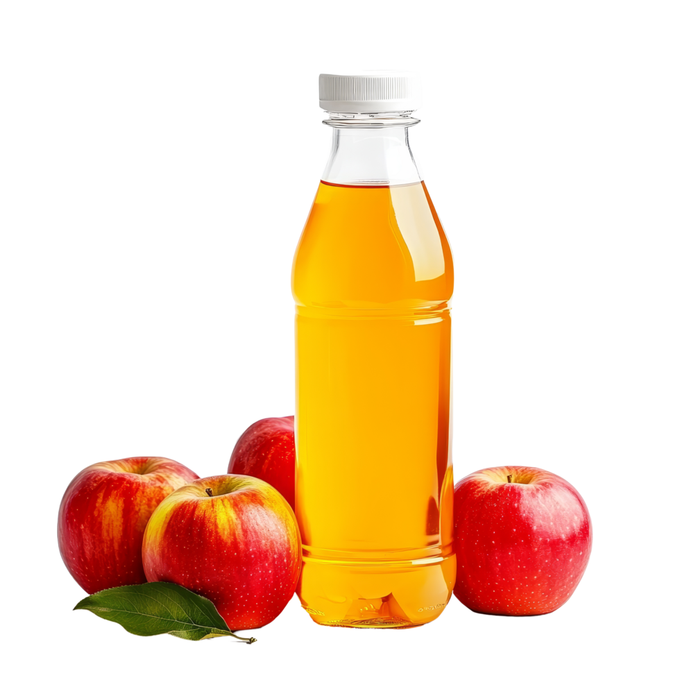 A bottle of refreshing apple juice with fresh red apples on a clean transparent background, Bottle of apple juice with red apples isolated png