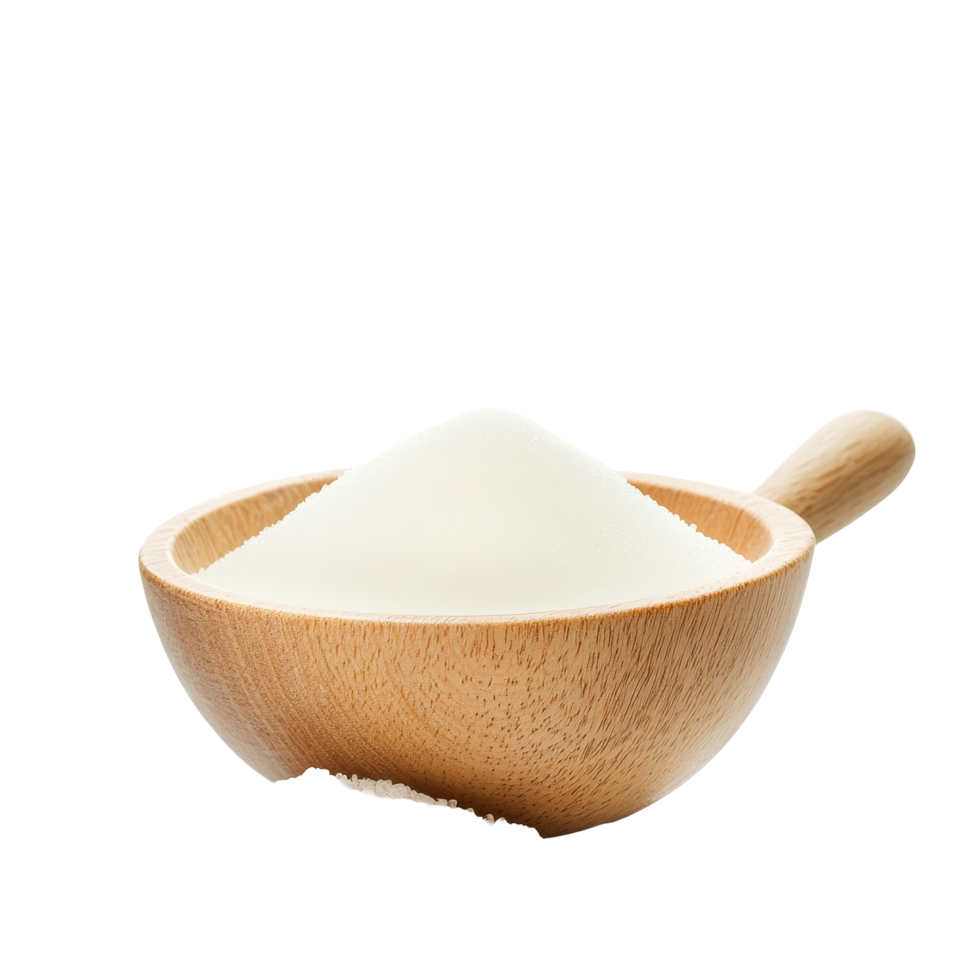 transparent sugar pouring into a wooden bowl beside a heap of granulated sugar on a clean transparent background, milk with sugar on transparent background png
