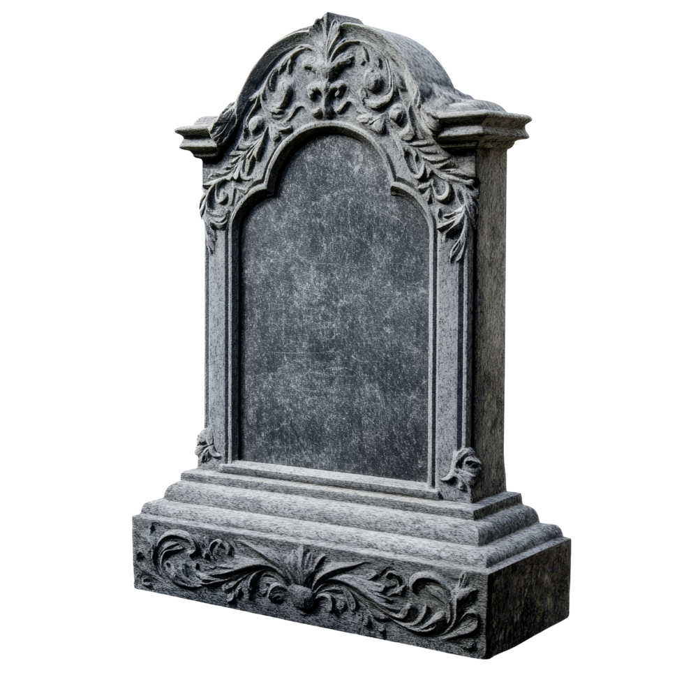 An intricately designed grey tombstone gravestone isolated on a transparent background for memorial and decorative purposes, grey tombstone gravestone isolated on transparent background png