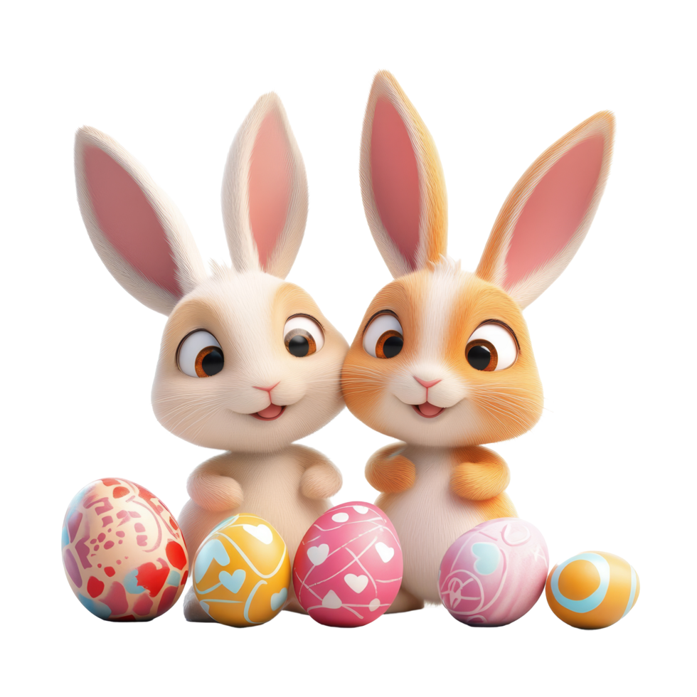 Cute cartoon Easter bunnies with colorful eggs create a festive atmosphere on a transparent background, 3D Cartoon Easter Bunnies with Eggs on transparent background png